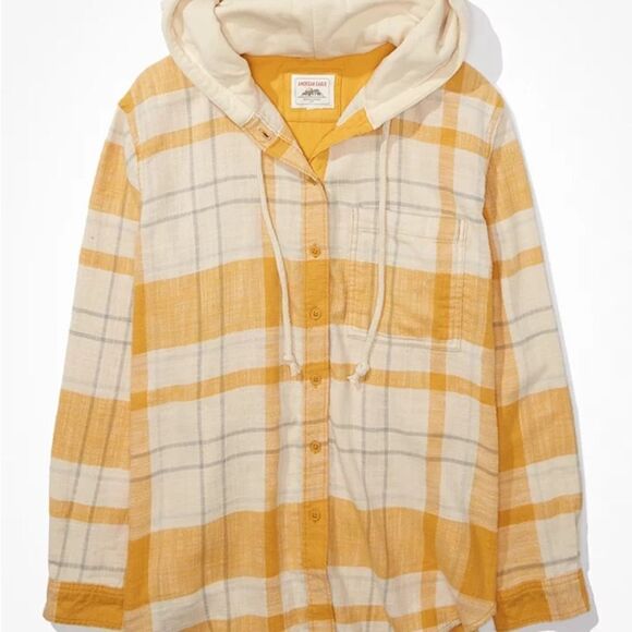 America Eagle AE Cozy Cabin Oversized Hoodie Flannel Yellow Small Used - Picture 3 of 7